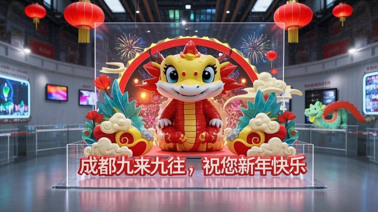 Cute colorful particle combination 3D cartoon snake wearing red clothes in the center of the exhibit...(1).jpg